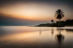 a lone palm tree stands on the shore of a beach at sunset. AI-Generated photo