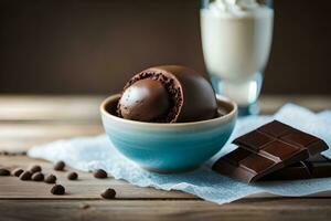 chocolate ice cream with chocolate chips and a glass of milk. AI-Generated photo