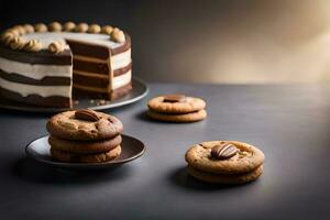 chocolate cake with pecan cookies on a dark table. AI-Generated photo
