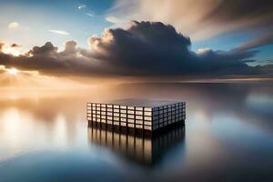 a cube floating in the water with clouds in the background. AI-Generated photo