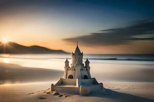 a castle on the beach at sunset. AI-Generated photo