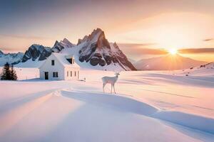 a deer stands in front of a house in the snow. AI-Generated photo