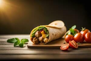 a wrap with chicken, tomatoes and lettuce on a wooden cutting board. AI-Generated photo