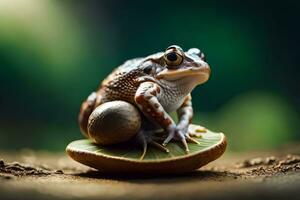 a frog sitting on top of a leaf. AI-Generated photo