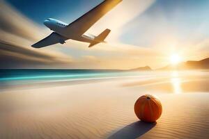 un naranja pelota en el playa con un avión volador terminado él. generado por ai foto