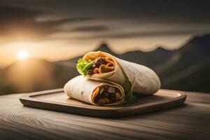 two burritos on a wooden board with the sunset in the background. AI-Generated photo