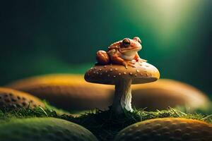 a frog sits on top of a mushroom. AI-Generated photo