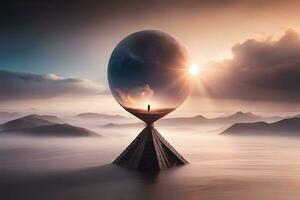 a man standing on top of a large sphere in the middle of a lake. AI-Generated photo