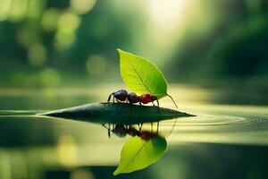 dos rojo hormigas sentado en un hoja en agua. generado por ai foto