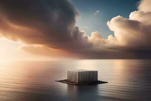 a floating cube floating in the ocean with clouds. AI-Generated photo
