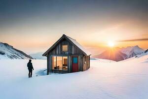 a man stands in front of a cabin in the snow. AI-Generated photo