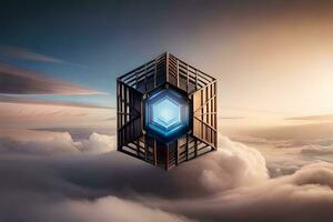 un futurista mirando edificio en el cielo con nubes generado por ai foto