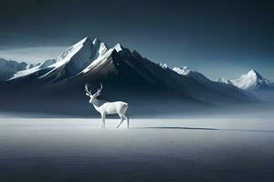 a white deer stands in front of a mountain range. AI-Generated photo