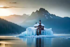 un iceberg flotadores en el medio de un lago. generado por ai foto