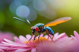 a colorful wasp on a pink flower. AI-Generated photo