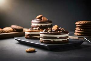 chocolate cake with almond cream and cookies on a black plate. AI-Generated photo