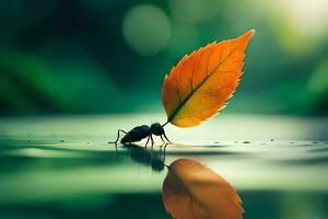 a bug with a leaf on its back in water. AI-Generated photo