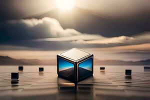 a cube with a sky in the background. AI-Generated photo