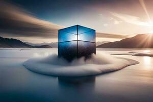 a cube floating in the water with clouds. AI-Generated photo