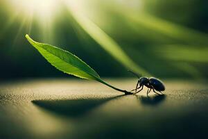 a beetle on a leaf with sunlight shining through. AI-Generated photo