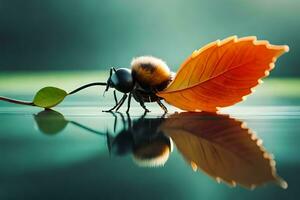 un abeja con un hoja en sus espalda en agua. generado por ai foto