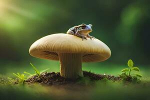 a frog sits on top of a mushroom in the forest. AI-Generated photo