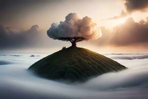 a tree is on top of a cloud covered hill. AI-Generated photo