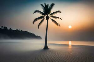 a lone palm tree stands on the beach at sunset. AI-Generated photo