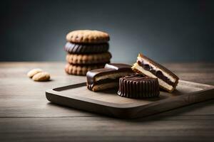 chocolate cookies and peanut butter on a wooden tray. AI-Generated photo