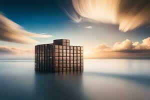 a building in the middle of the ocean with clouds. AI-Generated photo