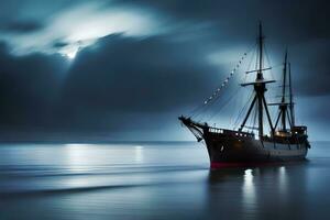 un Embarcacion en el Oceano a noche con un Luna. generado por ai foto