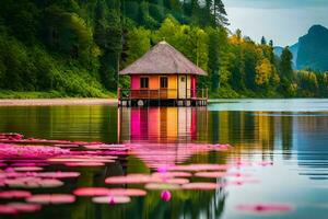 a small hut sits on the shore of a lake. AI-Generated photo