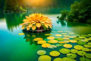 a large yellow flower sits on top of a floating house. AI-Generated photo