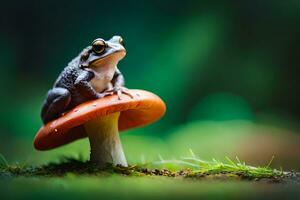 a frog sits on top of a mushroom. AI-Generated photo