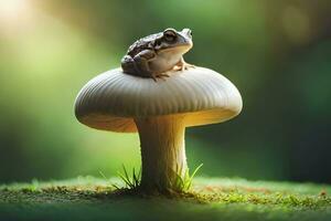 a frog sits on top of a mushroom. AI-Generated photo