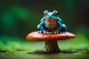 a blue frog sitting on top of a red mushroom. AI-Generated photo