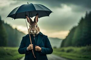 a rabbit wearing an umbrella on a road. AI-Generated photo