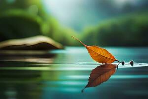 a leaf floating in the water with a green background. AI-Generated photo