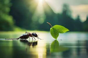 a bug walking on the water with a leaf. AI-Generated photo