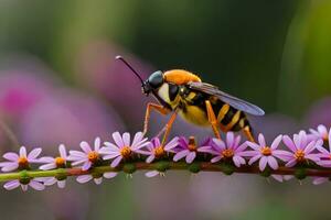 a bee sits on a flower with purple flowers. AI-Generated photo