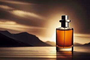 a bottle of perfume sitting on a table in front of a mountain. AI-Generated photo