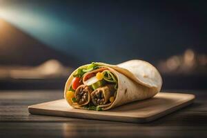 a burrito is sitting on a wooden cutting board. AI-Generated photo