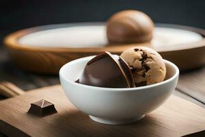 chocolate ice cream with chocolate balls in a bowl. AI-Generated photo