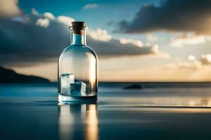 un botella de Ginebra en el playa con un puesta de sol en el antecedentes. generado por ai foto