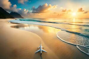 an airplane sits on the beach at sunset. AI-Generated photo