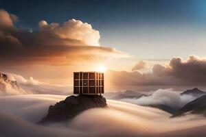 a box sitting on top of a mountain with clouds. AI-Generated photo