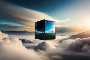 a cube floating in the sky above clouds. AI-Generated photo