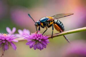 un avispa es sentado en un púrpura flor. generado por ai foto