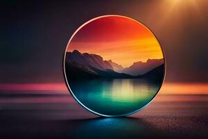 a circular mirror with a mountain and lake in the background. AI-Generated photo