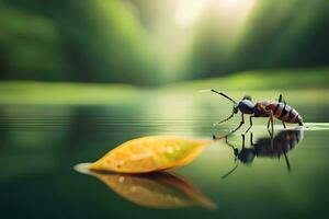 a bug is standing on the water with a leaf. AI-Generated photo